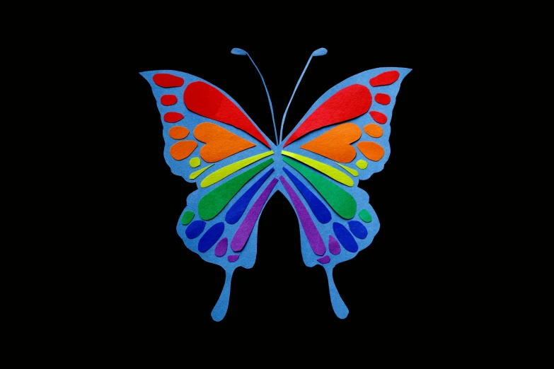 a colorful butterfly on a black background, an album cover, flickr, lgbt art, ivan chermayeff, getty images, 15081959 21121991 01012000 4k