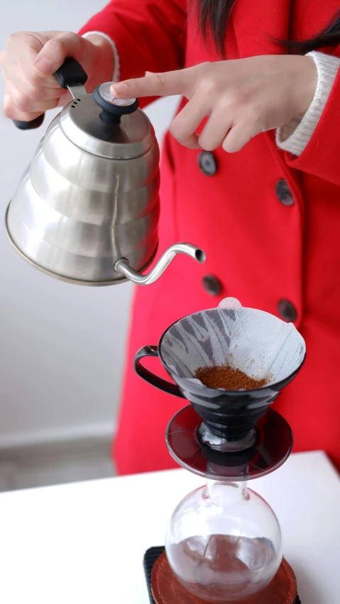 a woman in a red coat pours a cup of coffee, inspired by Géza Dósa, made of brushed steel, close up iwakura lain, cone shaped, kanamemo