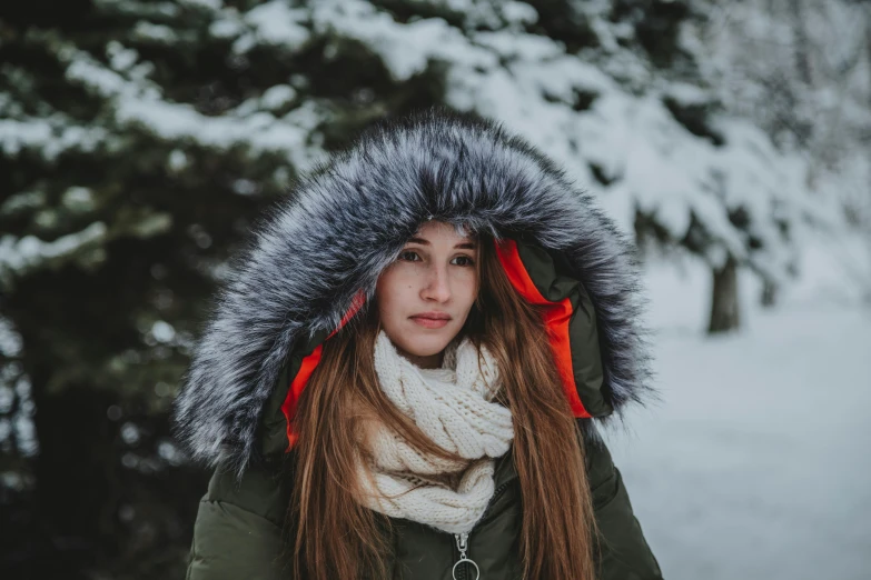 a woman standing in the snow wearing a parka, pexels contest winner, beautiful grumpy girl, avatar image, girl with brown hair, green hood