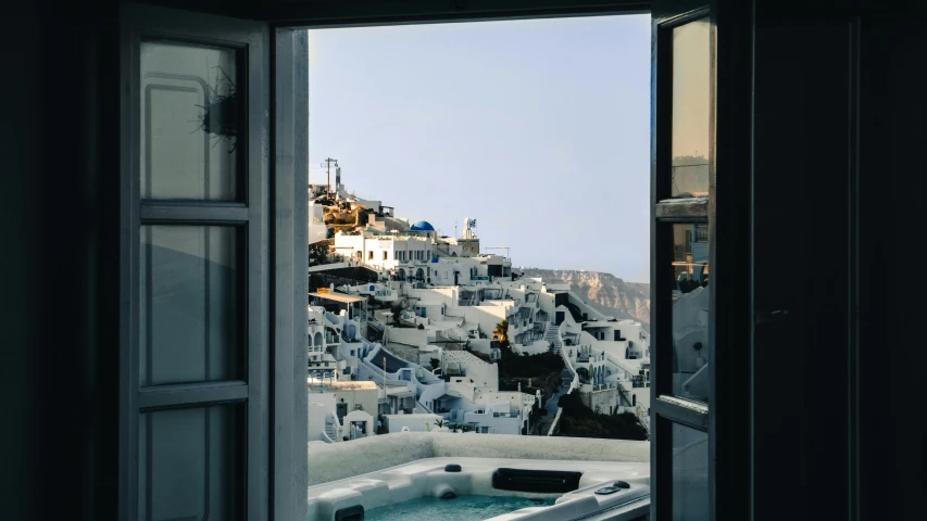 a hot tub sitting in the middle of a room, pexels contest winner, neoclassicism, view of villages, whitewashed housed, promo image, shimmering