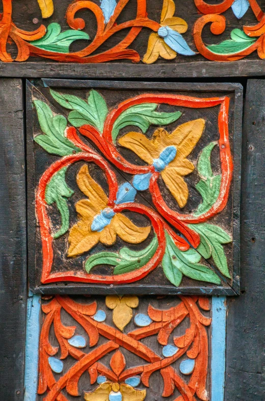 a close up of a decorative design on a door, a detailed painting, inspired by Georg Schrimpf, color ( sony a 7 r iv, square, multicolored, carving