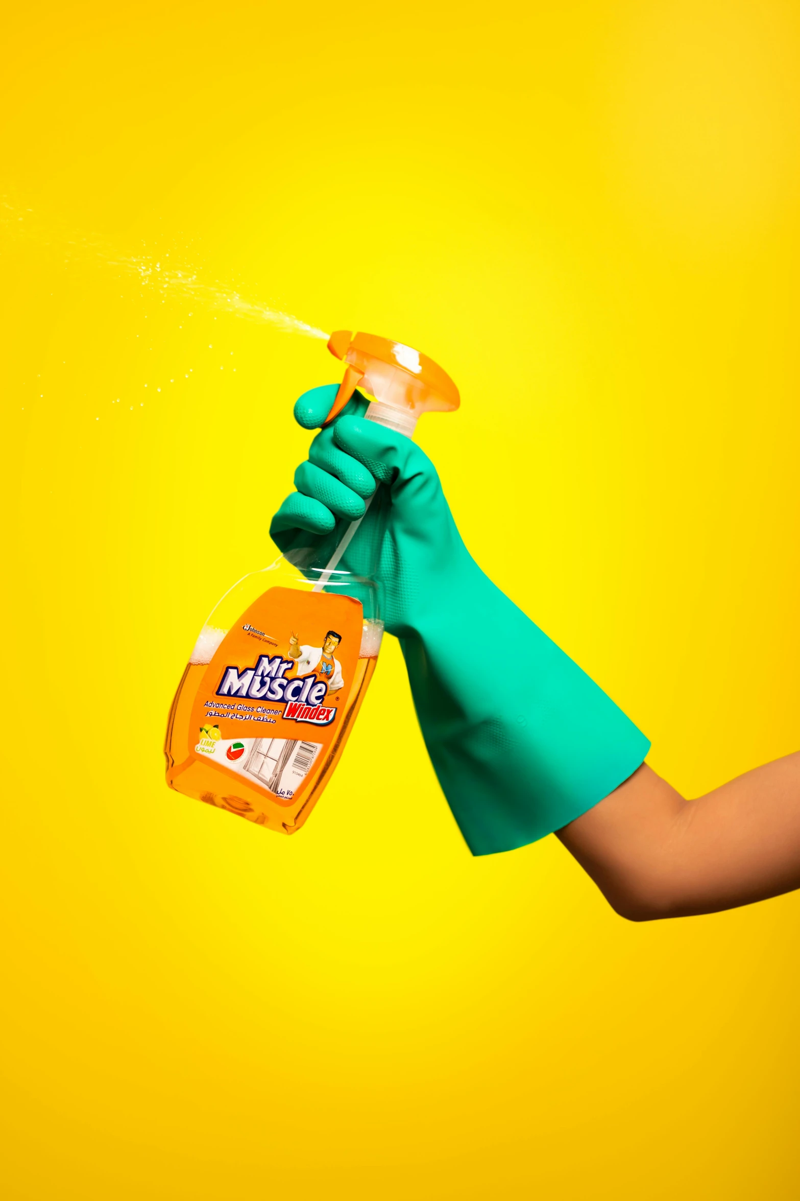 a woman in green gloves holding a bottle of deter, by Mike Winkelmann, plasticien, mustard, using magic, orange mist, mr clean