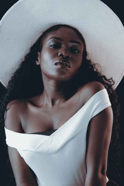 a woman wearing a white hat and a white dress, pexels contest winner, afrofuturism, sexy girl with dark complexion, in style of nadine ijewere, wearing white camisole, black teenage girl