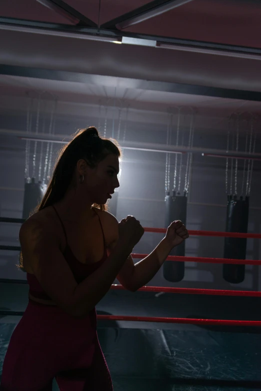 a woman standing in the middle of a boxing ring, pexels contest winner, profile image, glow up, ( ( theatrical ) ), in a dojo