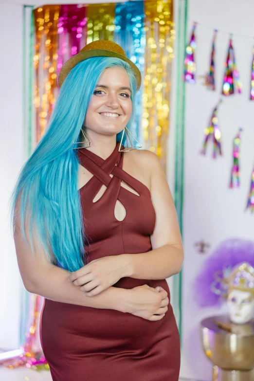 a woman with blue hair standing in a room, kailee mandel, hight decorated, profile image