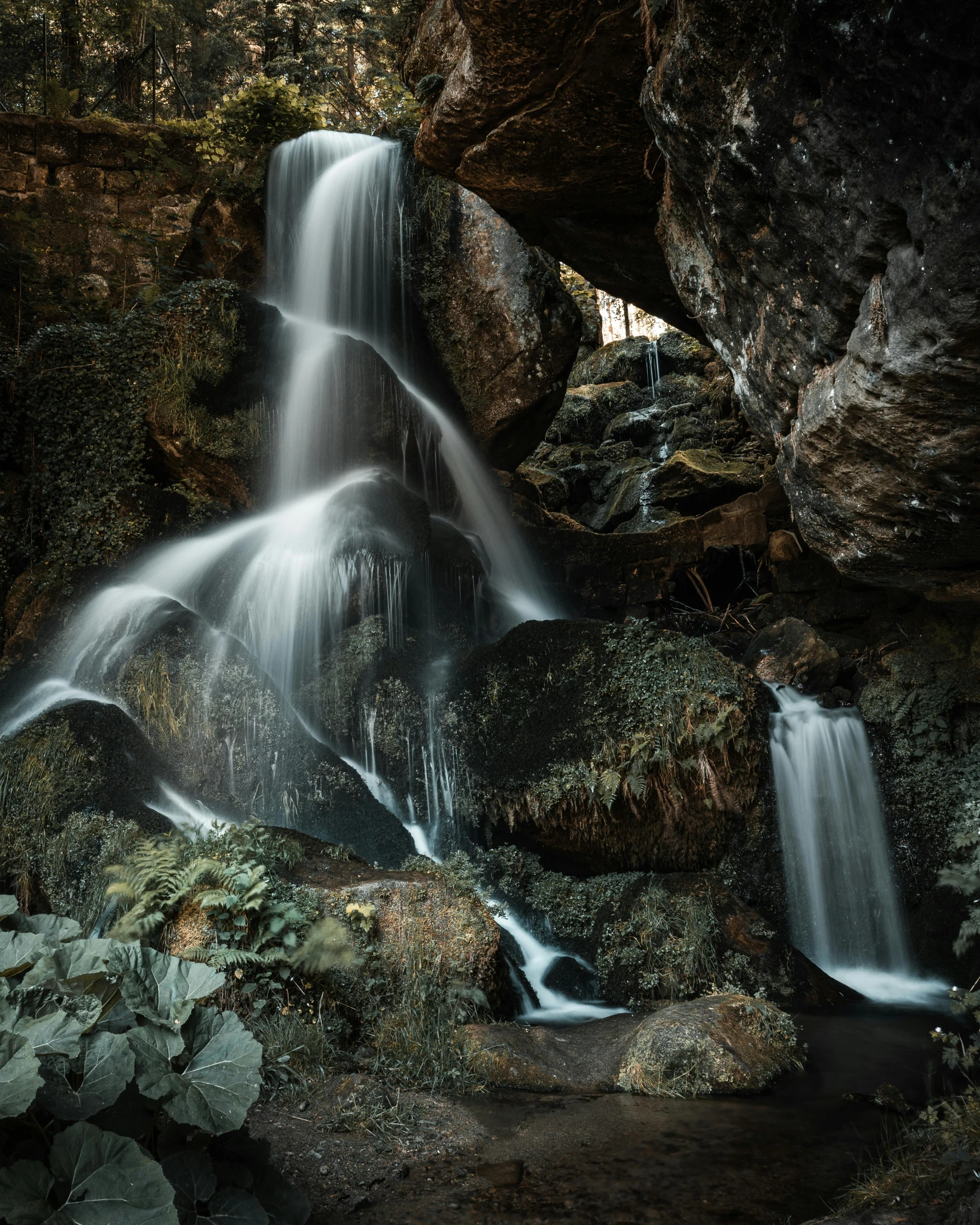 a waterfall in the middle of a rocky area, by Jesper Knudsen, unsplash contest winner, romanticism, plants inside cave, thumbnail, medium format. soft light, high quality photo