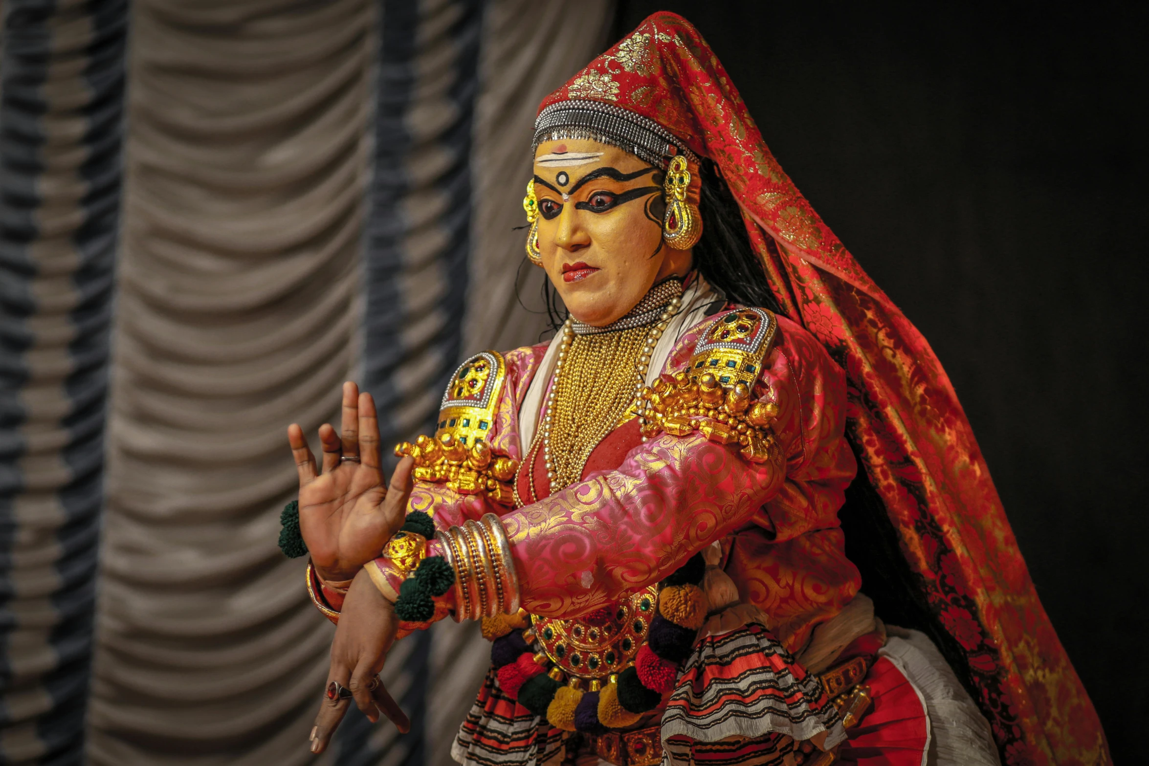 a close up of a person in a costume, a statue, inspired by Raja Ravi Varma, pexels contest winner, theater dance scene, square, puppet, avatar image