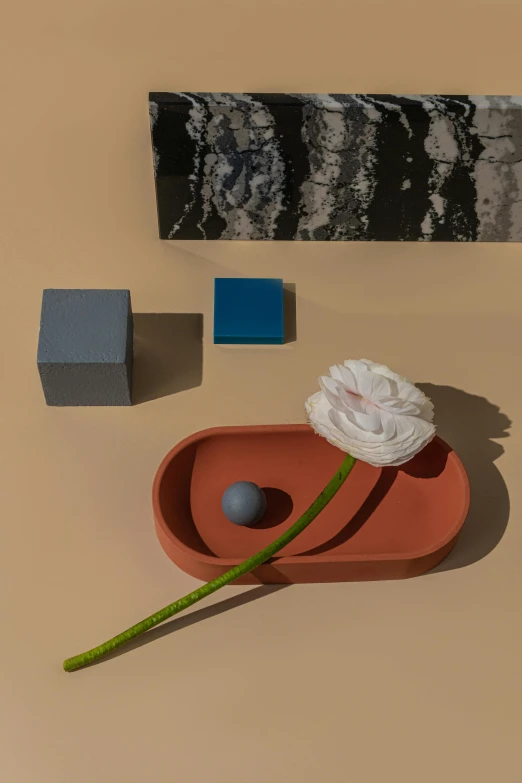 a white flower sitting on top of a red tray, an abstract sculpture, inspired by Giorgio Morandi, cubes, amber and blue color scheme, product display photograph, harbor