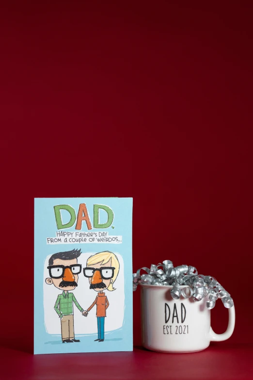 a father's day card next to a coffee mug, a cartoon, by Chip Zdarsky, dada, official product photo, tall shot, gems, dos