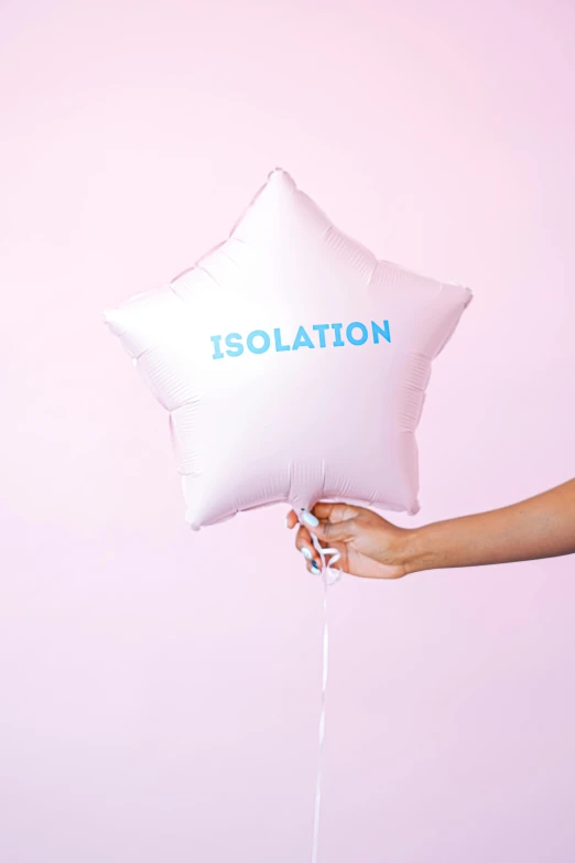 a person holding a white star shaped balloon, pastel vibe, with text, isolation, hydration