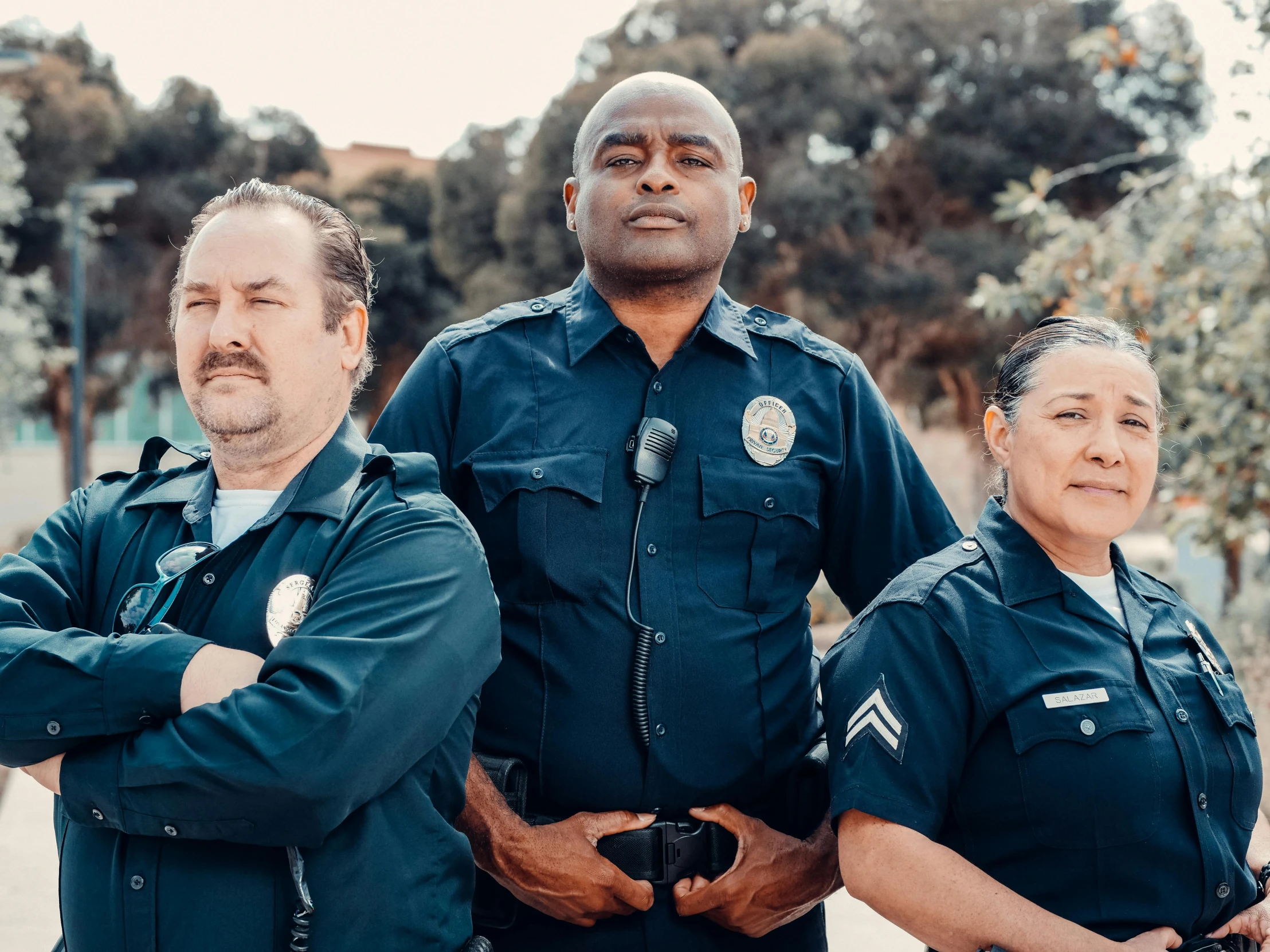 three police officers standing next to each other, a cartoon, unsplash, actors, diverse, california, looking to camera