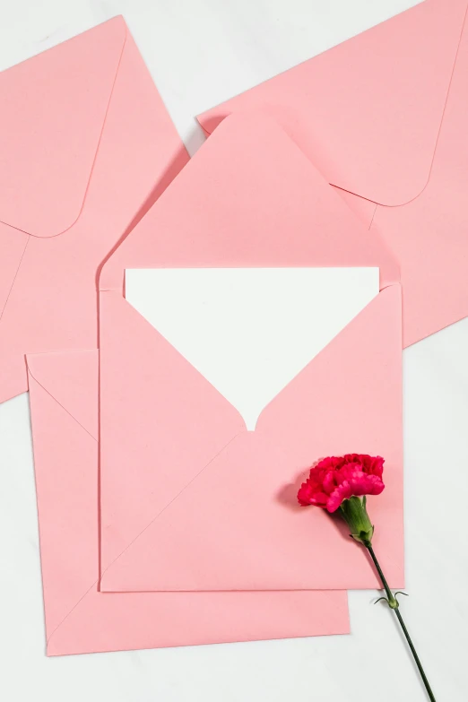 two pink envelopes and a pink carnation flower on a white surface, by Julia Pishtar, pexels contest winner, color pop, diecut, multiple stories, flirty