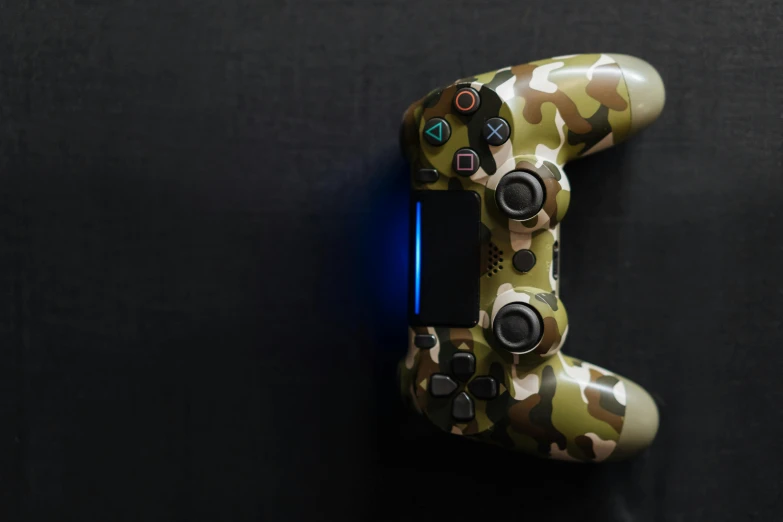 a close up of a video game controller, a picture, unsplash, minimalism, wearing camo, playstation 4, 8k octan photo