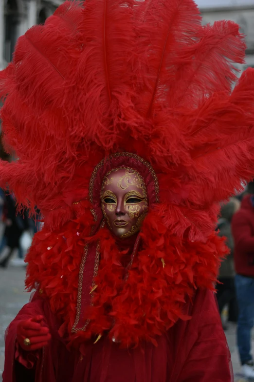 a close up of a person wearing a red costume, square, carnival, more, venetian red