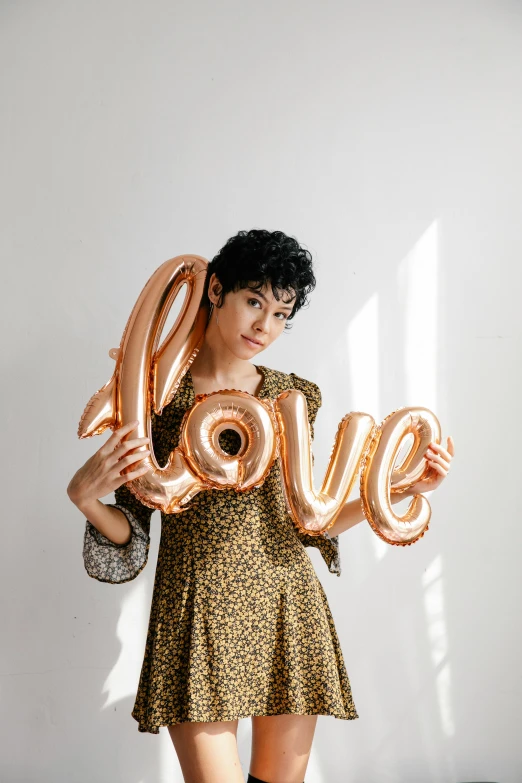 a woman in a leopard print dress holding a love balloon, curated collection, foil, rebecca sugar, longque chen