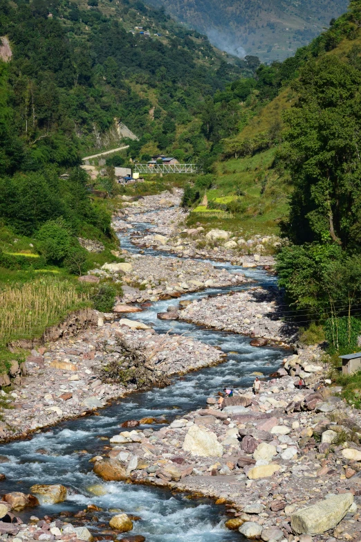 a river running through a lush green valley, sumatraism, stones, smug smirk, urban surroundings, camp