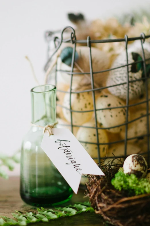 a basket filled with eggs sitting on top of a wooden table, by Jan Tengnagel, unsplash, vases and bottles, green feathers, label, organic mushroom lichen moss