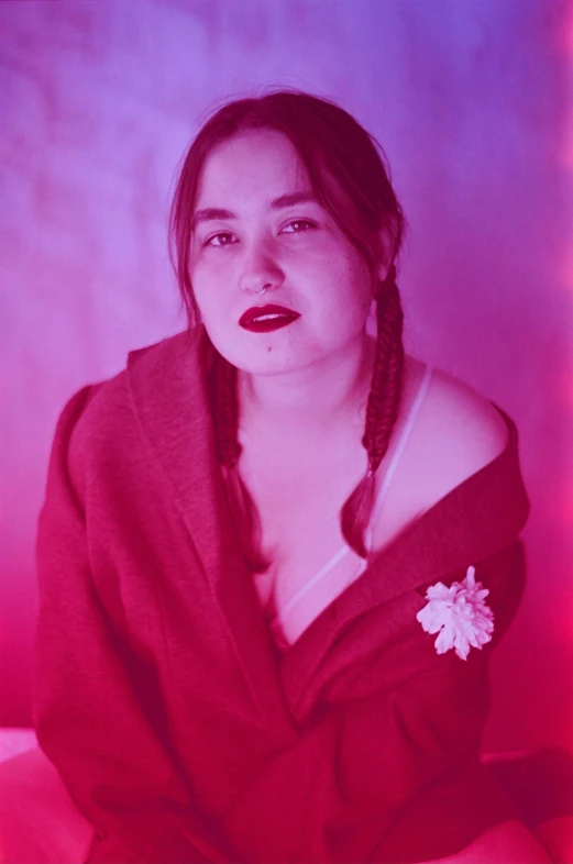 a woman in a red dress posing for a picture, an album cover, unsplash, process art, barely lit warm violet red light, wearing a hoodie and flowers, blanca alvarez, ((portrait))