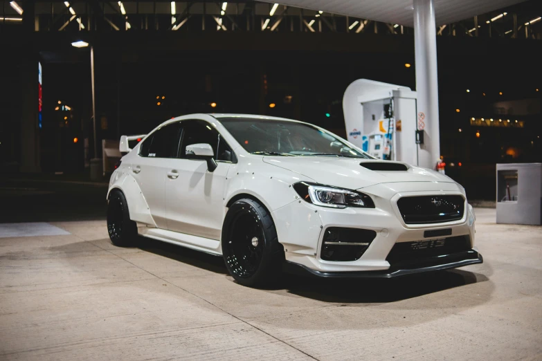 a white car parked in front of a gas station, inspired by An Gyeon, unsplash, subaru, avatar image, thicc build, ::