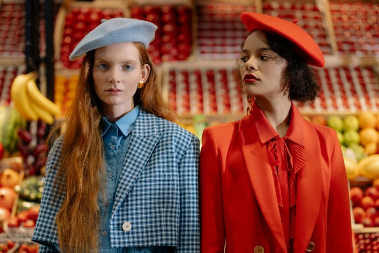 a couple of women standing next to each other, trending on pexels, renaissance, red ascot and a field cap, light blues, arper's bazaar, sadie sink