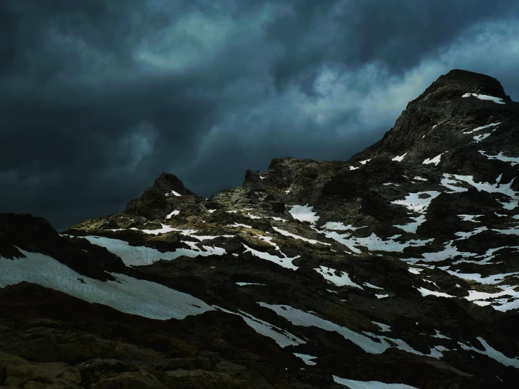 a mountain covered in snow under a cloudy sky, inspired by Michal Karcz, unsplash contest winner, hurufiyya, ominous dark background, deep colours. ”