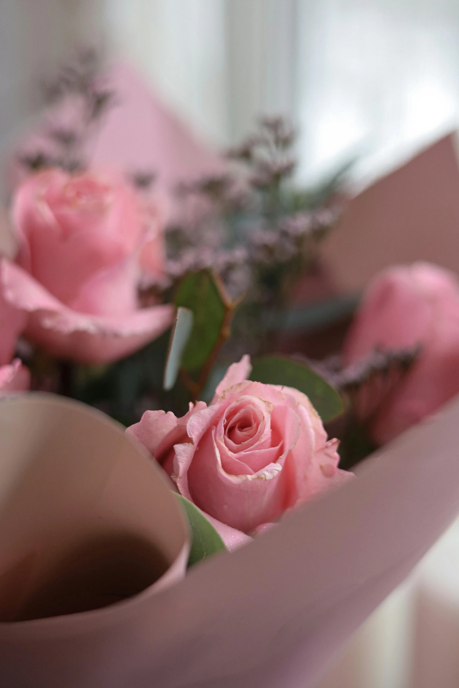 a bouquet of pink roses sitting on top of a table, up-close, comforting, wrapped in flowers, sensitive