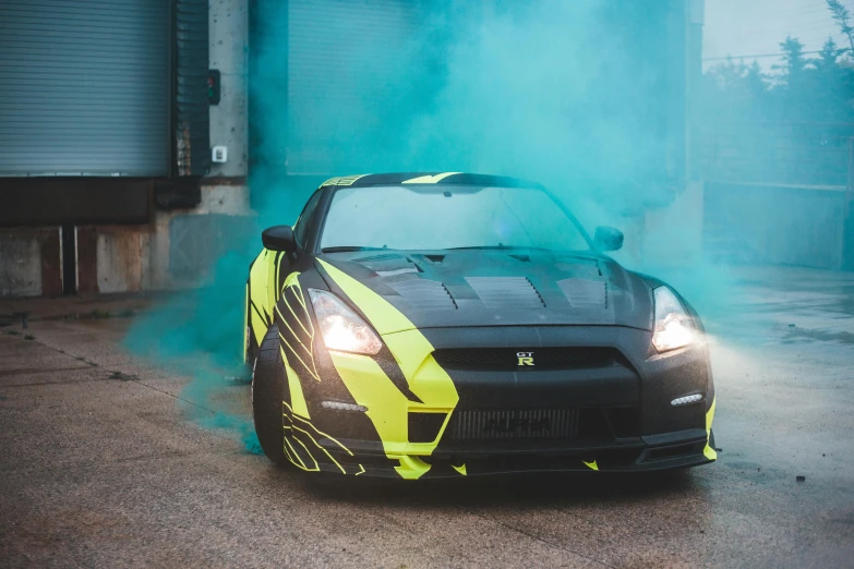 a black and yellow sports car with smoke coming out of it, by An Gyeon, pexels contest winner, samurai vinyl wrap, 9 9 designs, high res 8k, gtr xu1