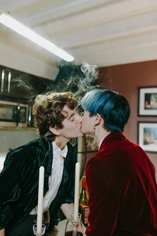 a couple of people that are kissing each other, trending on pexels, renaissance, harry potter smoking weed, cai xukun, in a kitchen, lgbt