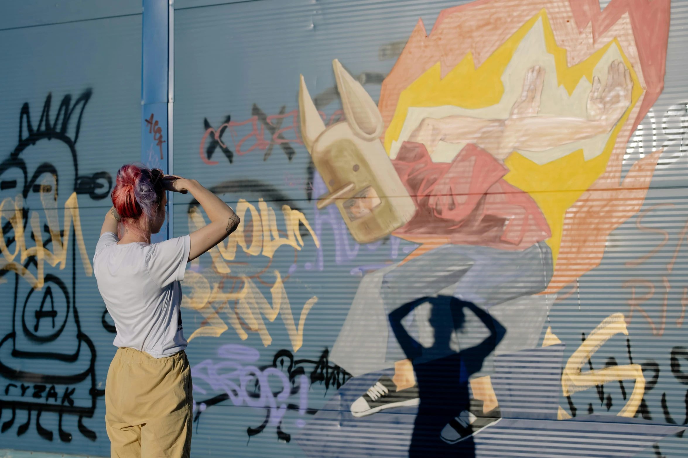 a man painting a mural on the side of a building, by Andrée Ruellan, pexels contest winner, graffiti, an ahoge stands up on her head, teenage girl, violence, 🎨🖌️