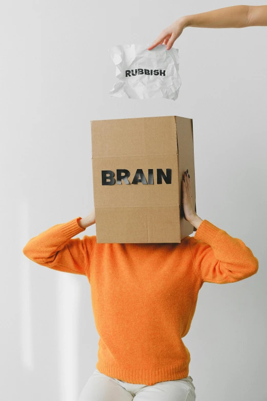 a woman with a box on her head that says brain, unsplash, brown clothes, unreadable, high quality photo, grey orange