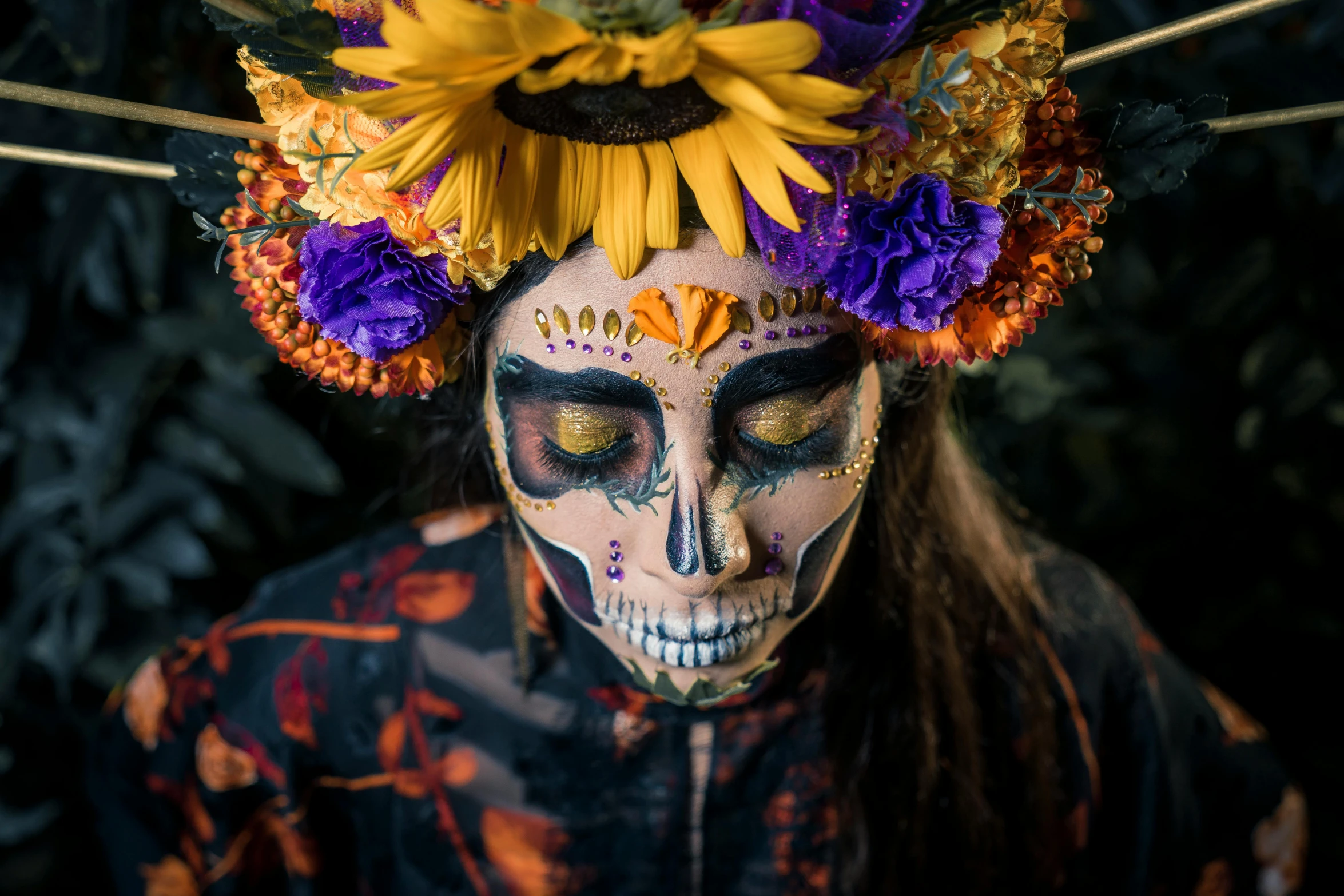 a woman with a flower crown on her head, pexels contest winner, hyperrealism, skull face paint, tibetan skeleton dancer, dead plants and flowers, avatar image