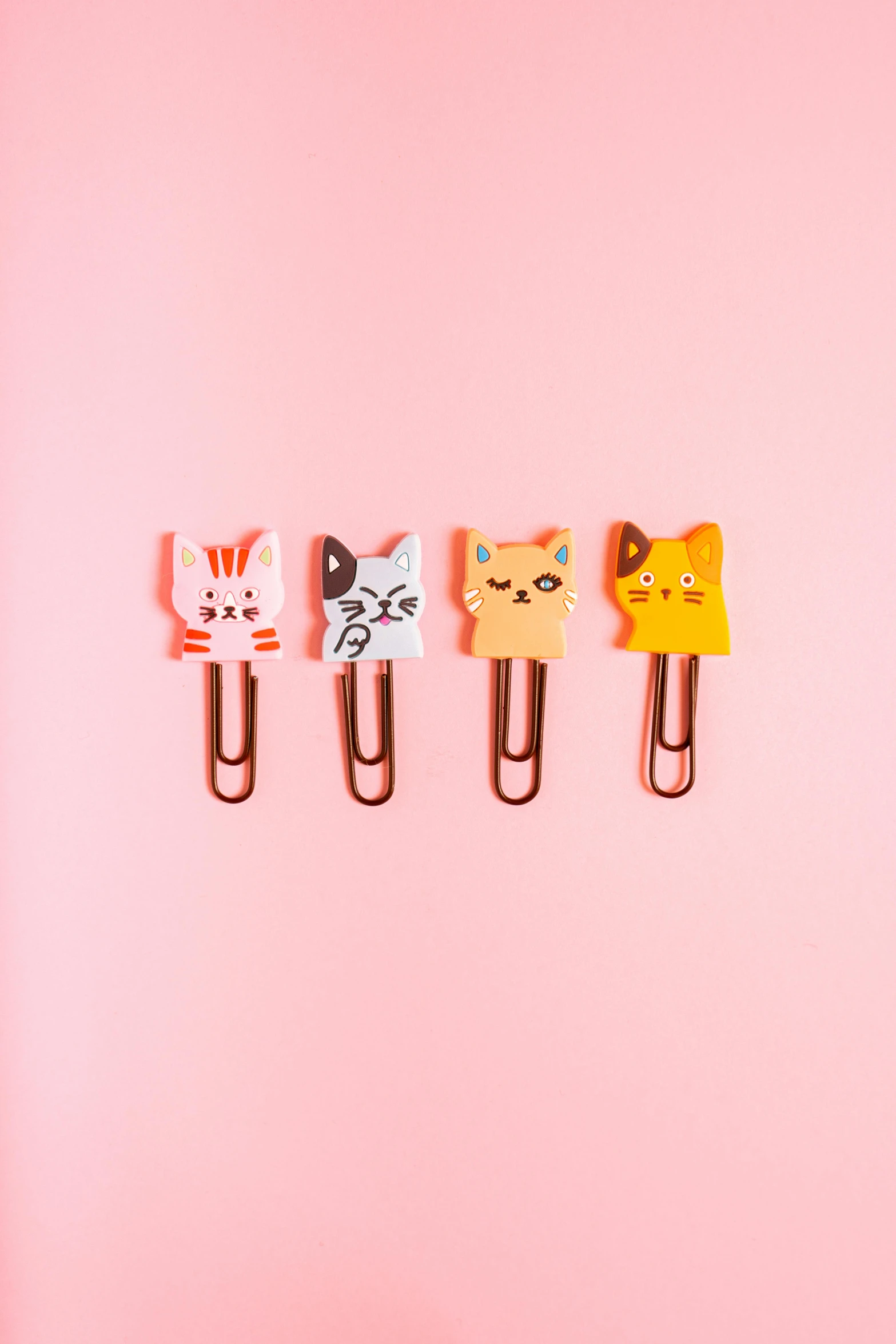 a group of paper clips sitting on top of a pink surface, mingei, orange cat, detailed product image, mittens, frontal shot