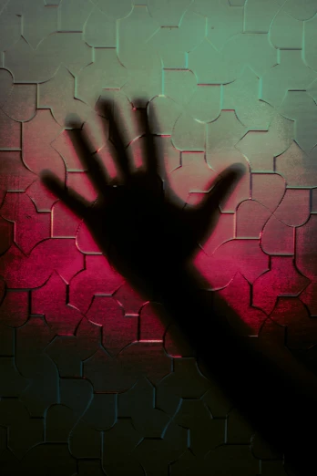 a silhouette of a person standing in front of a wall, by Andrew Domachowski, symbolism, wave a hand at the camera, colorfully ominous background, square, struggling