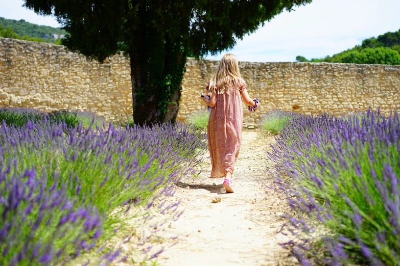 a little girl walking through a field of lavender, inspired by Pierre Puvis de Chavannes, pexels contest winner, natural stone road, purple and red, brigitte bardot, walking out of a the havens gate