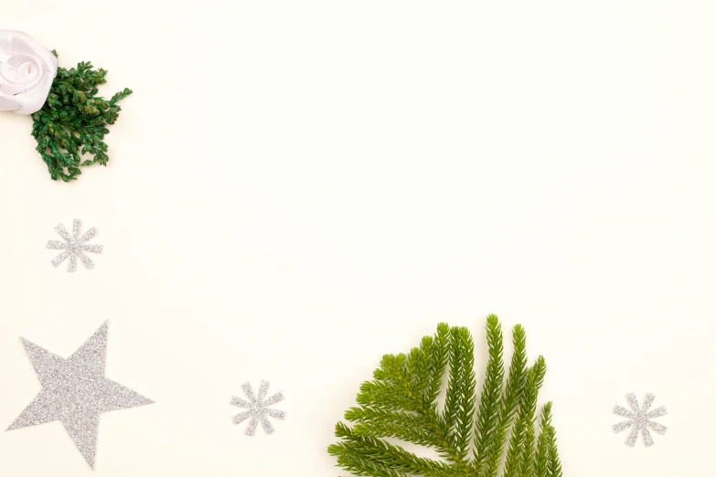 a white table topped with christmas decorations and greenery, by Carey Morris, trending on unsplash, visual art, snowflakes, background image, white minimalistic background, ad image