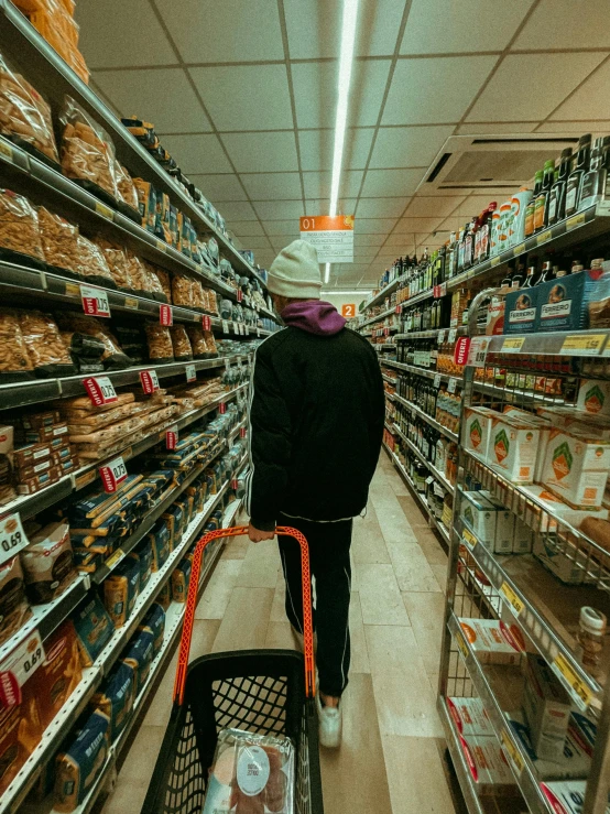 a person walking down a grocery aisle with a shopping cart, an album cover, inspired by Elsa Bleda, pexels, hyperrealism, looking from behind, snacks, he is about 20 years old | short, profile image