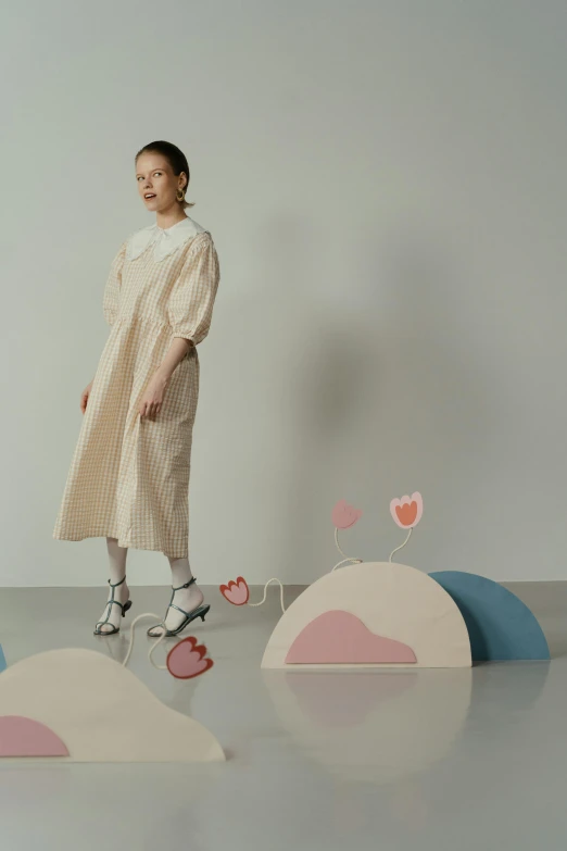 a woman standing on a skateboard in a room, by Ayami Kojima, unsplash, conceptual art, pale pastel colours, hearts, offwhite, puff sleeves