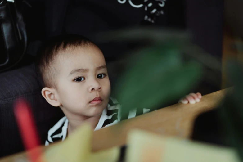 a little boy that is sitting in a chair, by Basuki Abdullah, pexels contest winner, looking from shoulder, cardboard, next to a plant, patterned