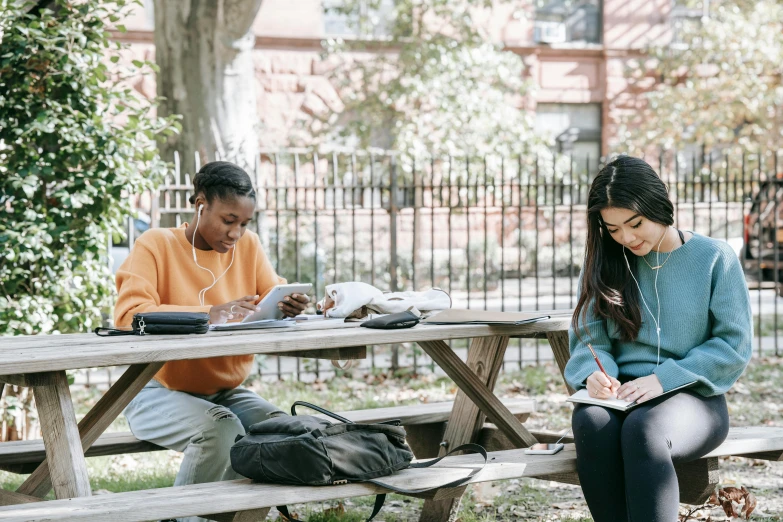 a couple of people that are sitting on a bench, trending on unsplash, academic art, handwritten, college girls, seated at a table, sydney park