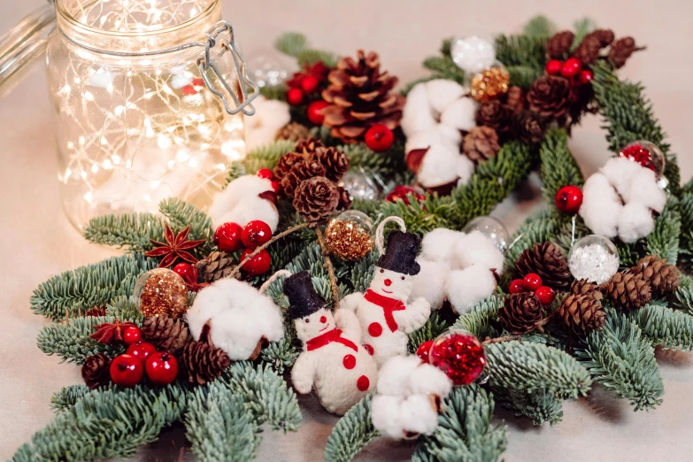 a close up of a christmas wreath on a table, by Julia Pishtar, cuddly, organic ornaments, frosty, thumbnail