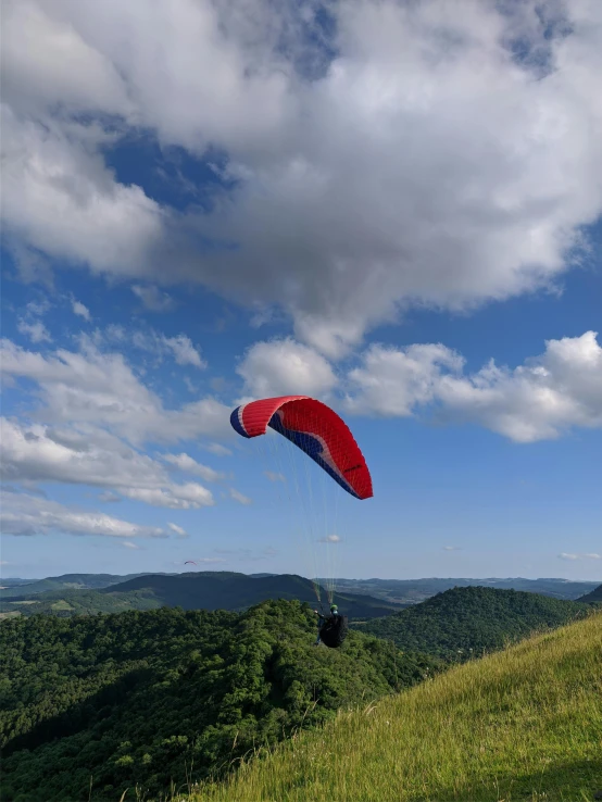 a person flying a kite on top of a lush green hillside, profile image