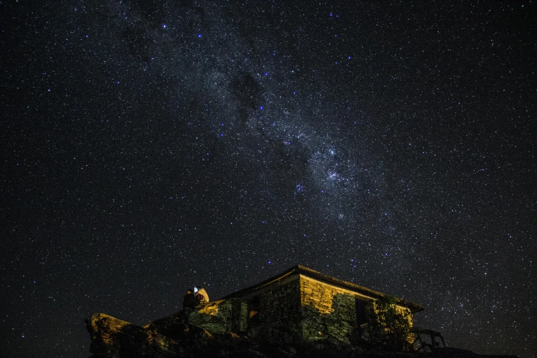 a building sitting on top of a hill under a night sky, a portrait, by Peter Churcher, unsplash contest winner, light and space, kahikatea, rustic stone cabin in horizon, nebula sized, profile image