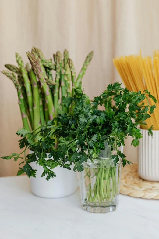 a table topped with vases filled with different types of vegetables, pasta, ferns, premium quality, asparagus