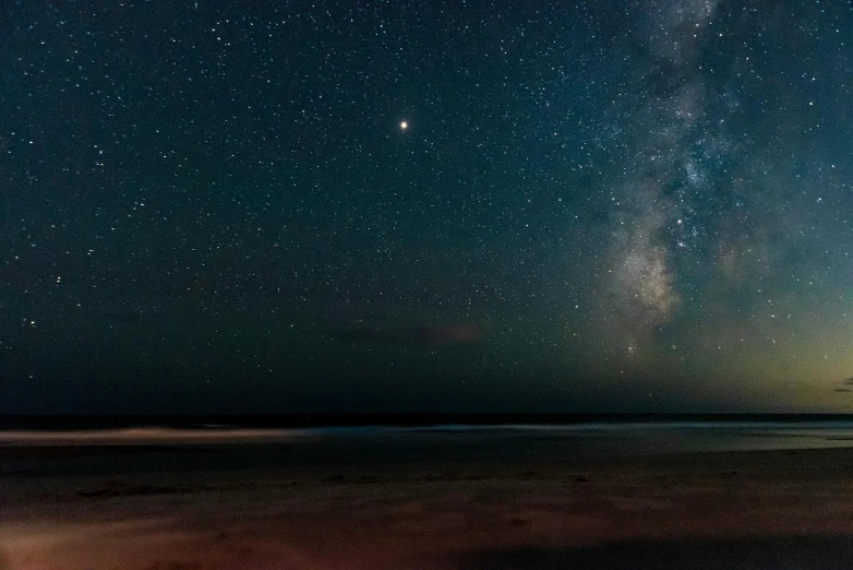 a beach at night with the milky in the sky, planets in the skies, fan favorite, medium angle, stargazer