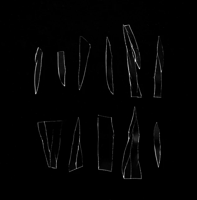 a group of knives sitting on top of a table, an album cover, by Shinji Aramaki, hurufiyya, segmented broken glass shards, against a deep black background, thin black lines, brancusi