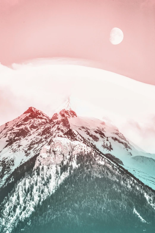 a snow covered mountain with a full moon in the sky, inspired by Mike Winkelmann, trending on unsplash, aestheticism, pastel glaze, colorful photo, ansel ], “ aerial view of a mountain