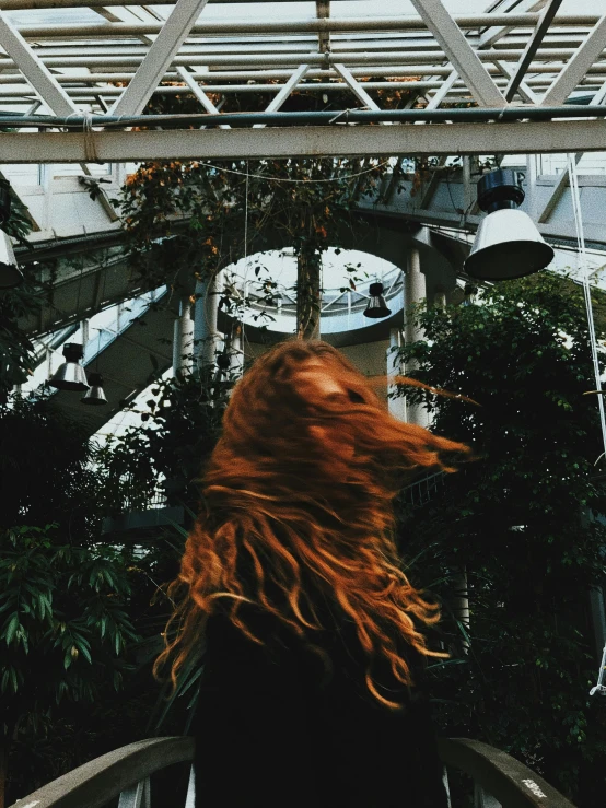 a woman with long red hair walking up a flight of stairs, an album cover, pexels contest winner, in bloom greenhouse, windy floating hair!!, lord of the rings aesthetic, trending on vsco