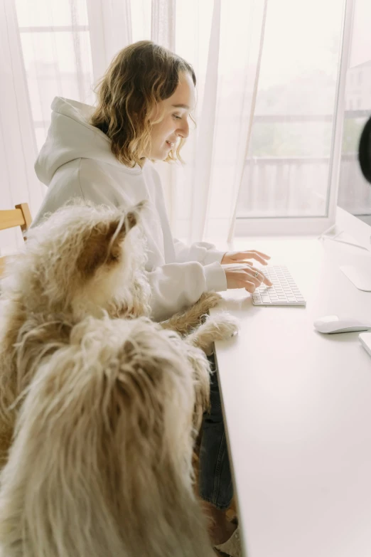 a woman sitting at a desk with a dog on her lap, pexels contest winner, computer art, sustainable materials, fluffy, two dogs, typing on laptop