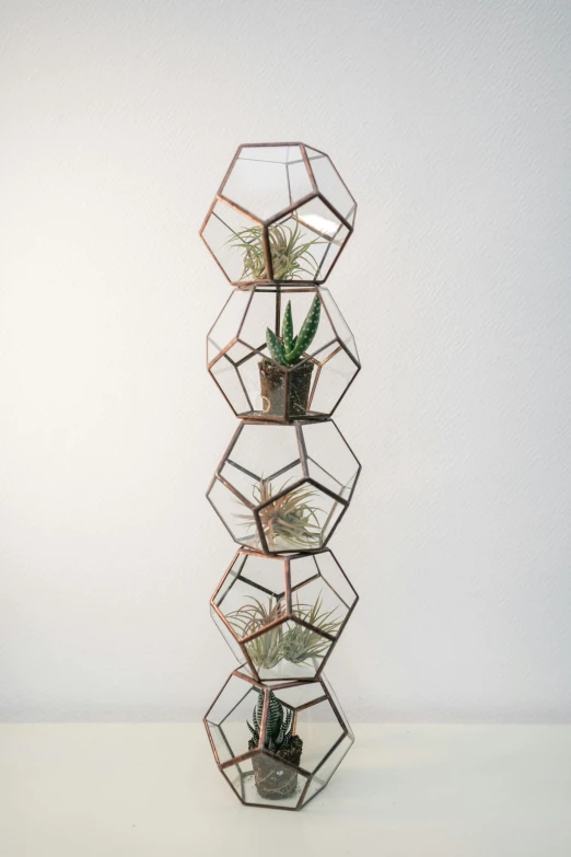 three hexagonal terrariums with succulents in them, an abstract sculpture, by Whitney Sherman, kinetic art, tall metal towers, shelf, copper, full height sculpture