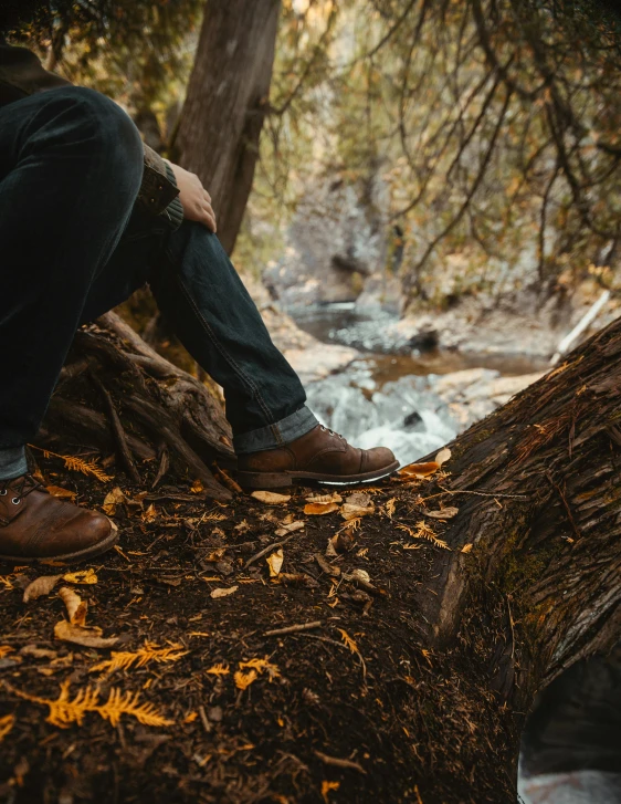 a man sitting on a fallen tree in the woods, by Jessie Algie, trending on unsplash, leather boots, lgbtq, looking out, cozy setting